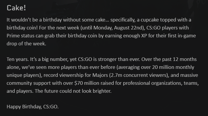 Screenshot of Valve's August 2022 Counter-Strike blog post mentioning that teams and players received over 70 million dollars from sticker sales
